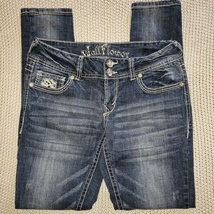 Wallflower Embellished Rhinestone Dark Wash Skinny Jeans Double Button Y2K Size7